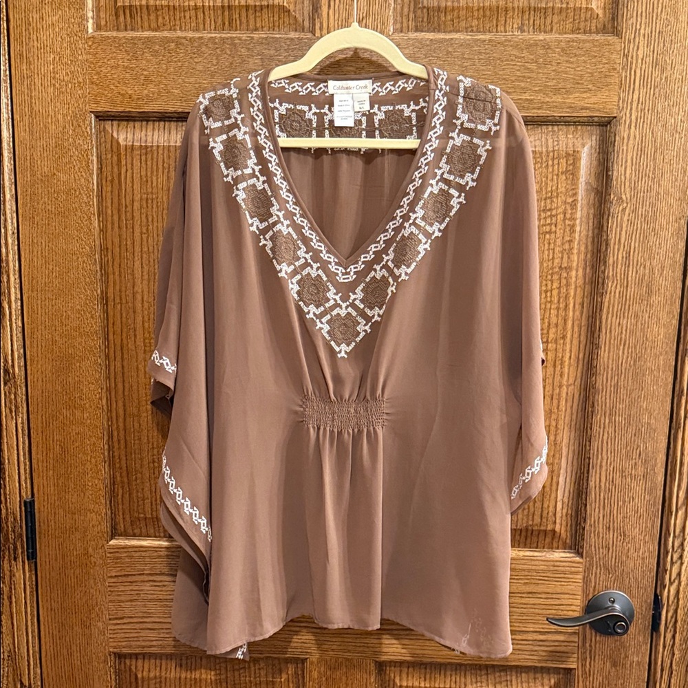 Coldwater Creek Brown Pullover Tunic with White Embroidery M/L